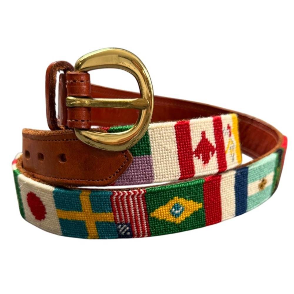 Needlepoint International Flag Belt Mens 42 Quality Leather Brass Buckle Vintage